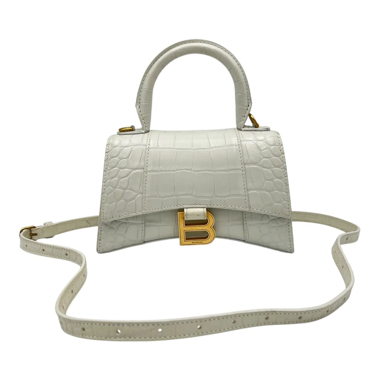 Hourglass Top Handle Bag White in Crocodile Embossed Calfskin, Silver hardware