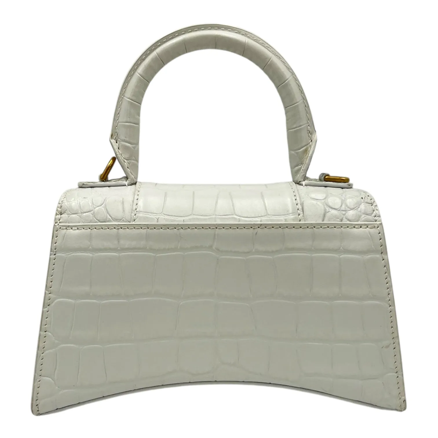 Hourglass Top Handle Bag White in Crocodile Embossed Calfskin, Silver hardware