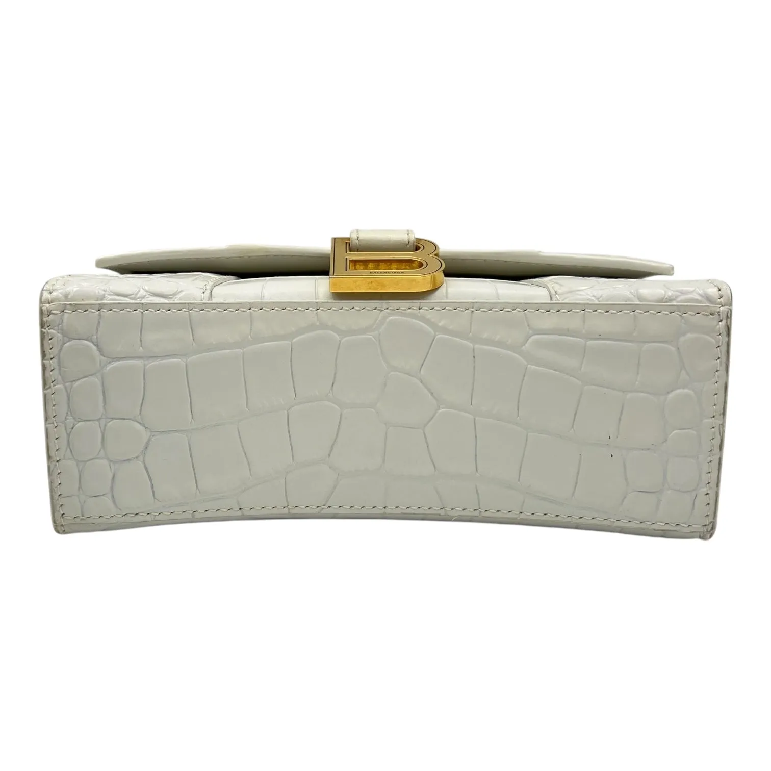 Hourglass Top Handle Bag White in Crocodile Embossed Calfskin, Silver hardware