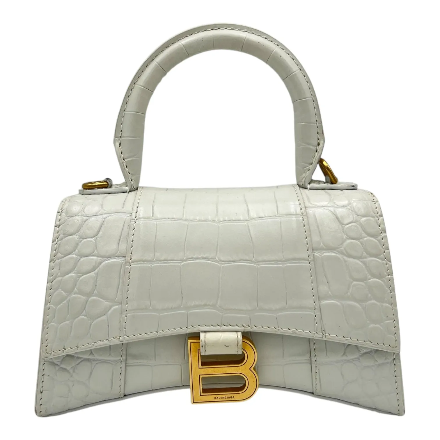 Hourglass Top Handle Bag White in Crocodile Embossed Calfskin, Silver hardware