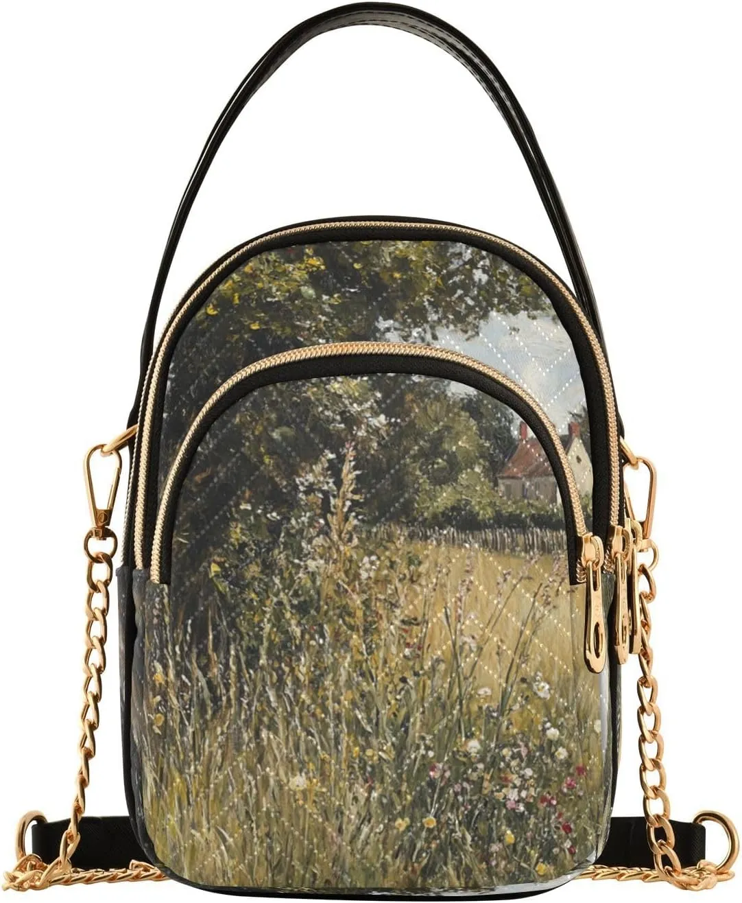 House Meadow Flowers Yellow Multi Pockets Crossbody Bags for Women Zip Cell Phone Purse Wallet Bag with Detachable Shoulder Strap Handbag Purse for Girls Women Trendy Gift Shopping Working Traveling