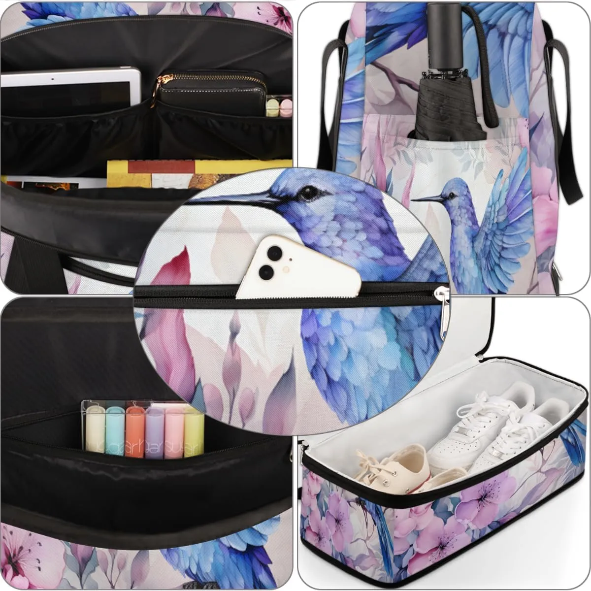 Hummingbird Floral Foldable Travel Duffel Bag Overnight Weekender Bag with Shoes Compartment Sports Gym Bag for Men Women