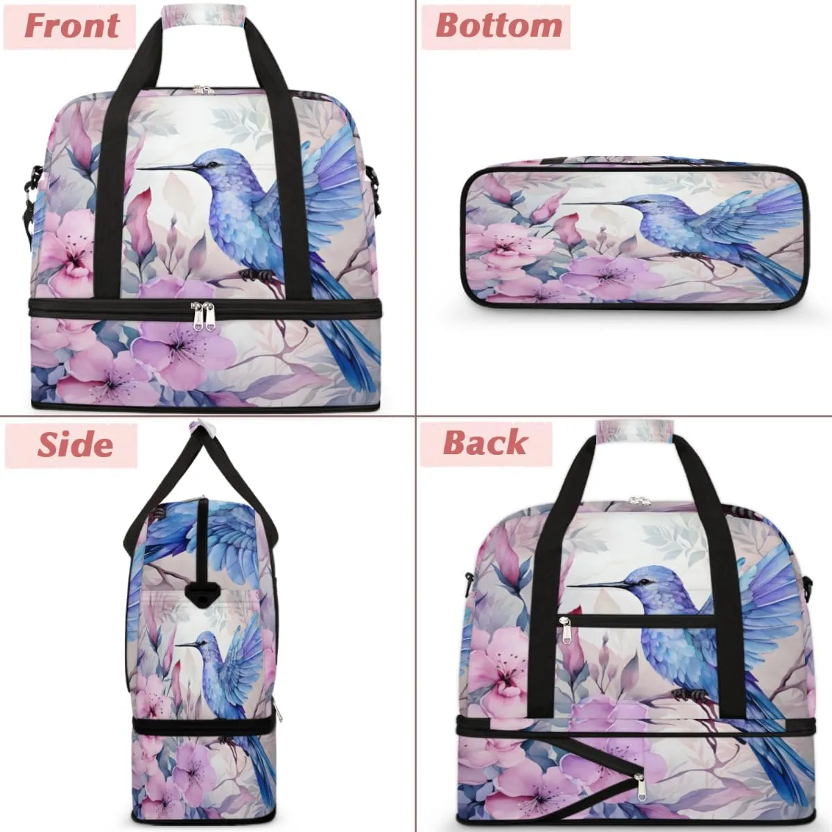 Hummingbird Floral Foldable Travel Duffel Bag Overnight Weekender Bag with Shoes Compartment Sports Gym Bag for Men Women