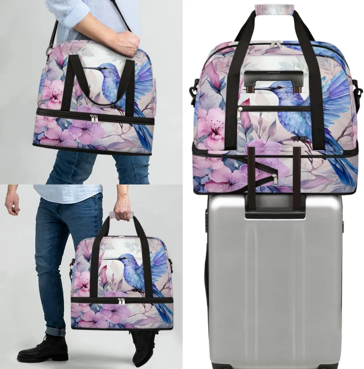 Hummingbird Floral Foldable Travel Duffel Bag Overnight Weekender Bag with Shoes Compartment Sports Gym Bag for Men Women