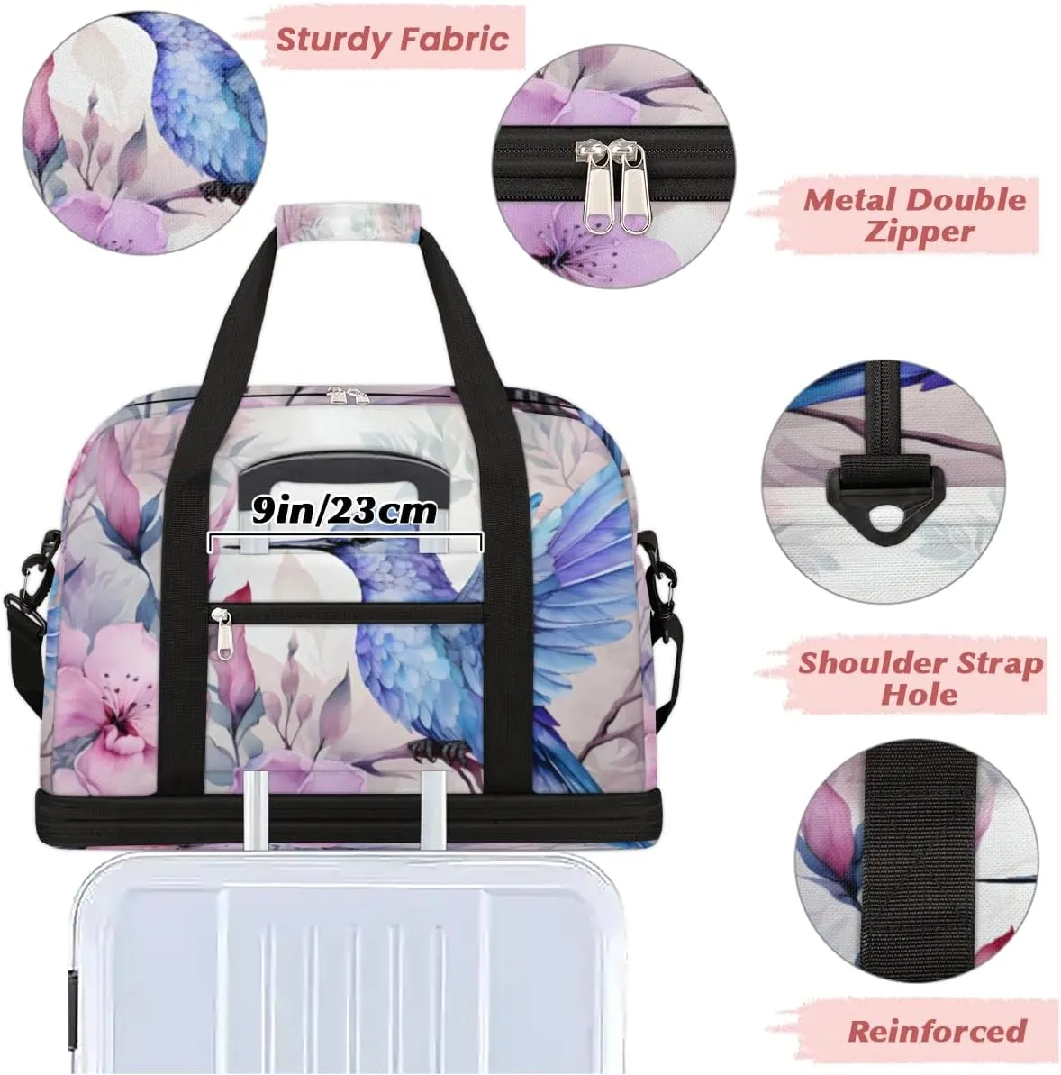 Hummingbird Floral Foldable Travel Duffel Bag Overnight Weekender Bag with Shoes Compartment Sports Gym Bag for Men Women