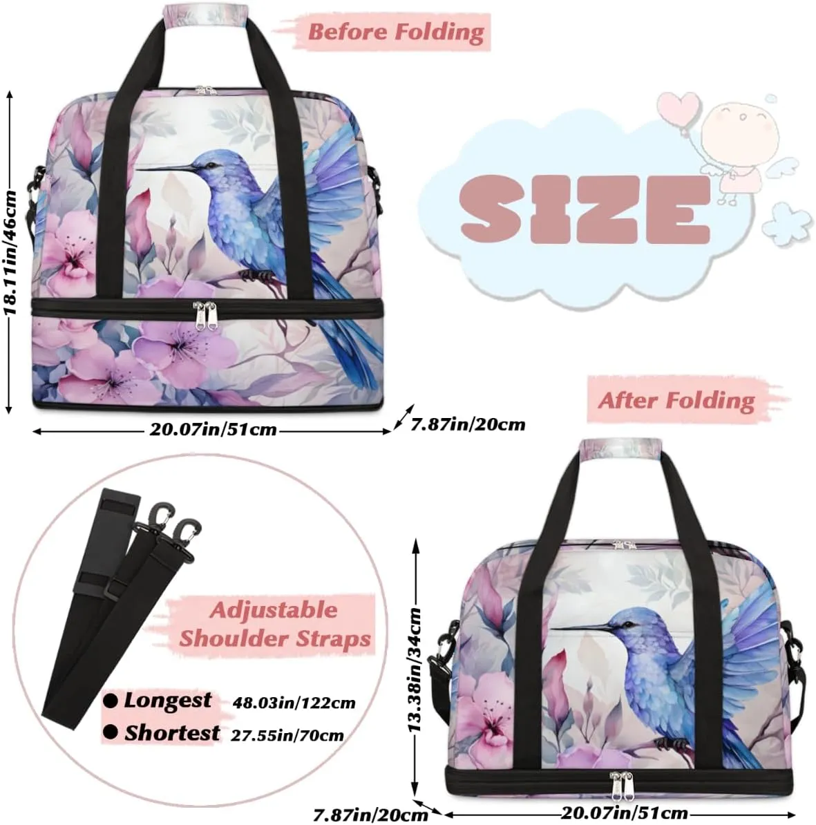 Hummingbird Floral Foldable Travel Duffel Bag Overnight Weekender Bag with Shoes Compartment Sports Gym Bag for Men Women