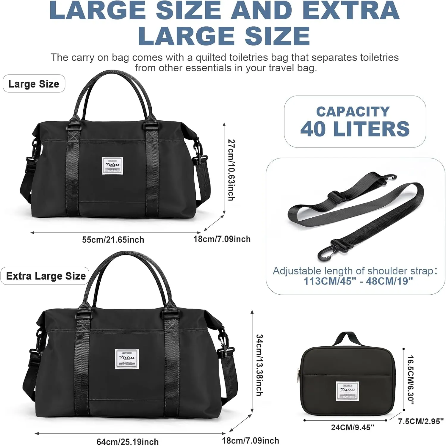 HYC00 Travel Duffel Bag with Toiletry Bag,Weekender Overnight Bag for Women,Carry-on Bag with Wet Pocket,Gym Bag,Extra Large,Black