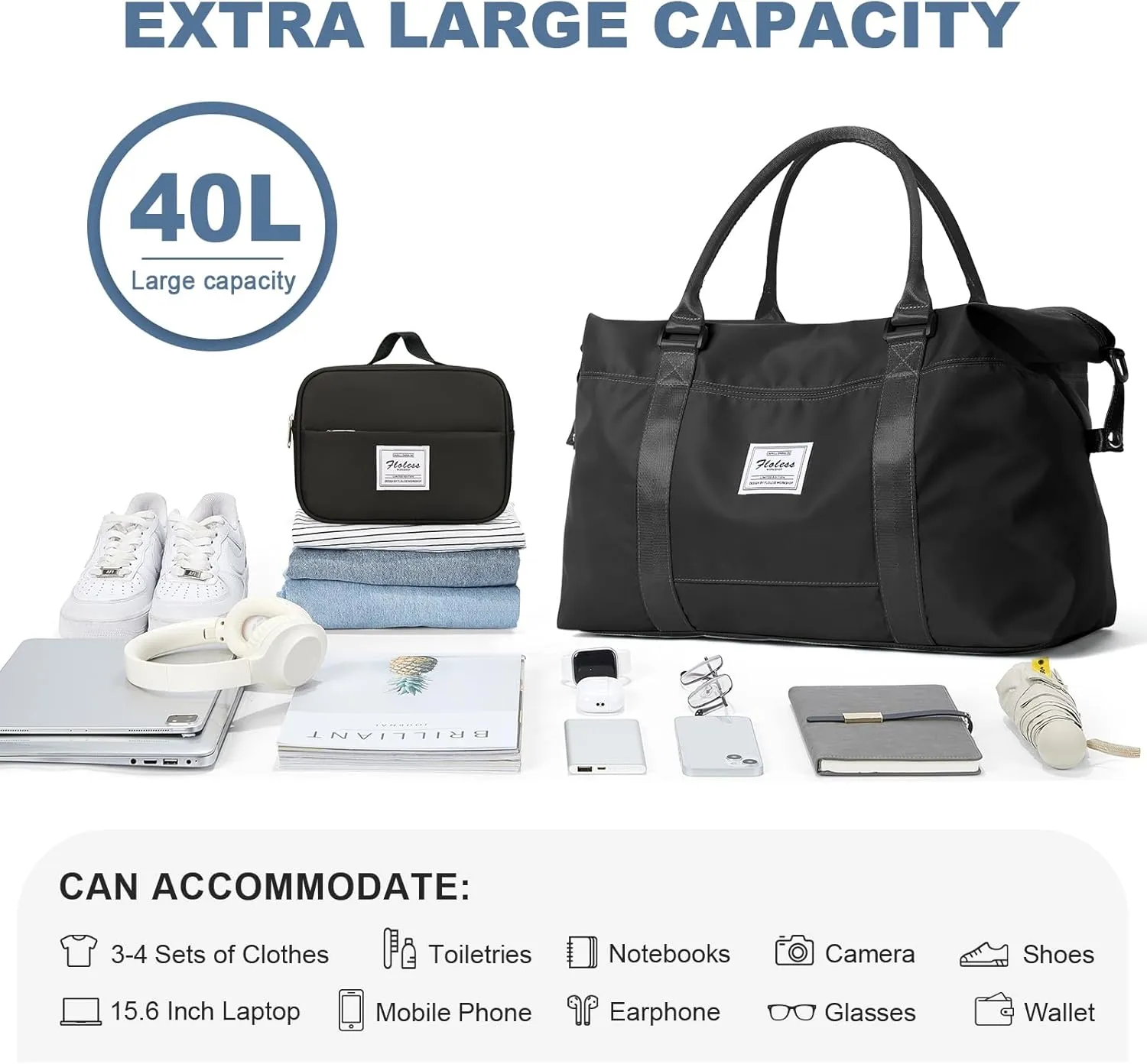 HYC00 Travel Duffel Bag with Toiletry Bag,Weekender Overnight Bag for Women,Carry-on Bag with Wet Pocket,Gym Bag,Extra Large,Black