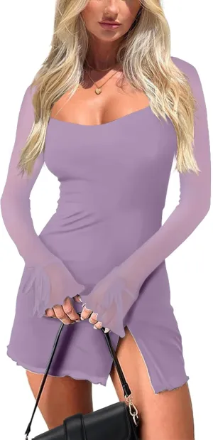 HYPERFIRE Women's Mesh Long Sleeve Square Neck Split Hem Party Club Cocktail Bodycon Mini Dress