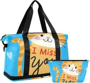 I Miss You Cartoon Cute Brown Cat Gym Bag Gym Sports Carry with Toiletry Bag for Hiking Large Capacity