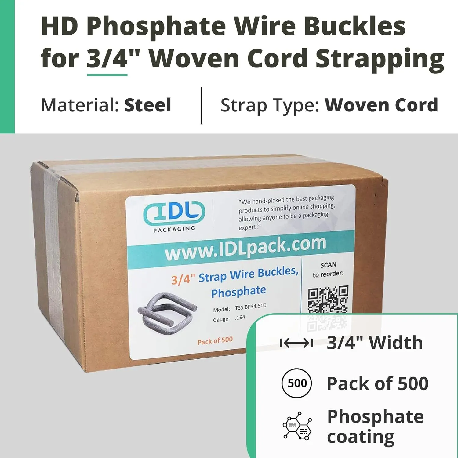 IDL Packaging Phosphate Cord Strapping Buckles 3/4", Pack of 500 - Heavy-Duty Metal Buckles with Phosphate Coating for Woven Cord Strapping - Reusable Metal Buckle for Strapping - SKU BP-34-500