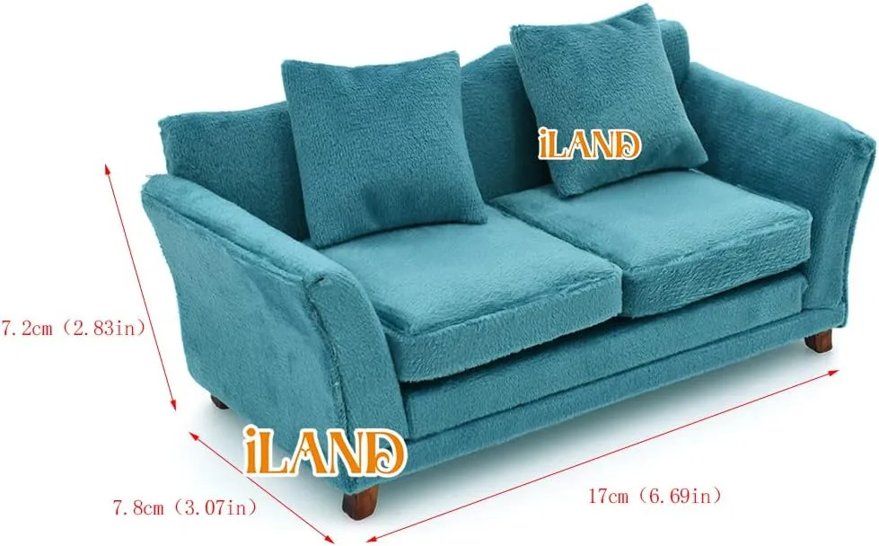 iLAND Modern Dollhouse Furniture on 1/12 Scale of Miniature Sofa for Dollhouse Living Room (Turquoise Blue Velvet)
