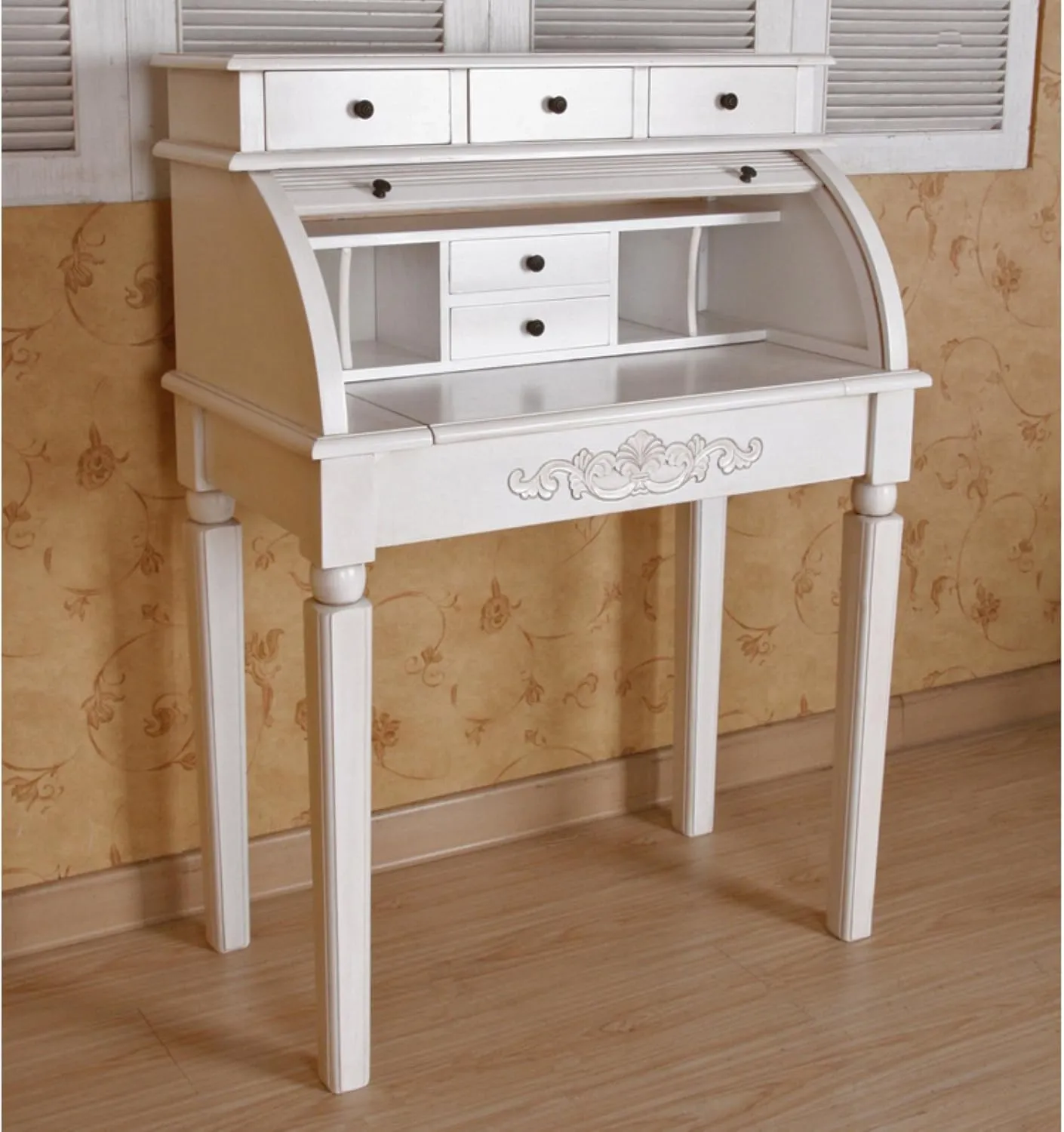 International Caravan Furniture Piece Carved Wood Roll Top Desk
