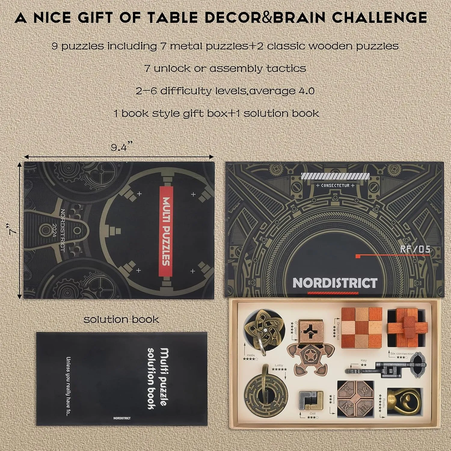 IQ Challenge Puzzles - Metal & Wooden Mechanical Puzzle Box Set 9PCS, 3D Brain Teaser Games for Adults & Teens, Handheld Decryption Lock Toys
