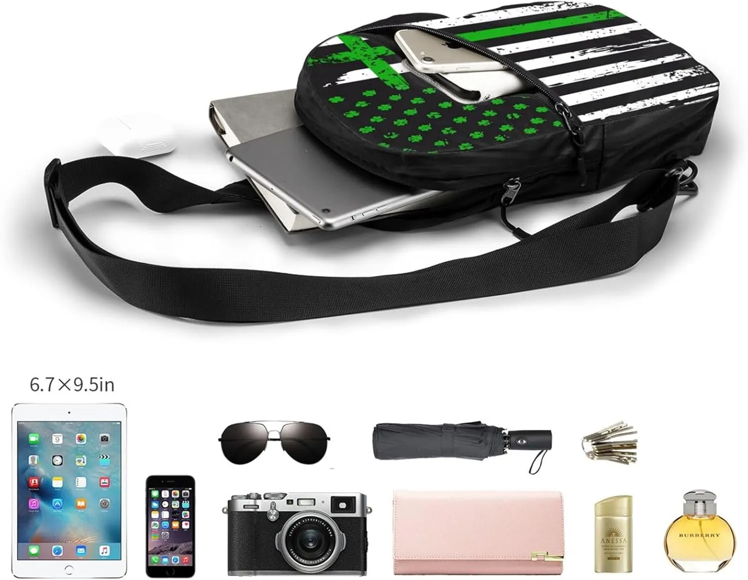 Irish American Flag Ireland Flag St Patrick's Day Portable Sling Bags Packable Crossbody Bag Foldable Sport Daypack Reusable Shoulder Backpack Diagonally Chest Bag for Workout Travel