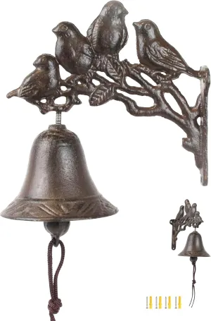 Iron Bird Decor - Antique Cast Iron Doorbell with Bird Motif, Vintage Wall Bell & Dinner Bell, Large Cast Iron Bell with 4 Magpies for Home and Garden