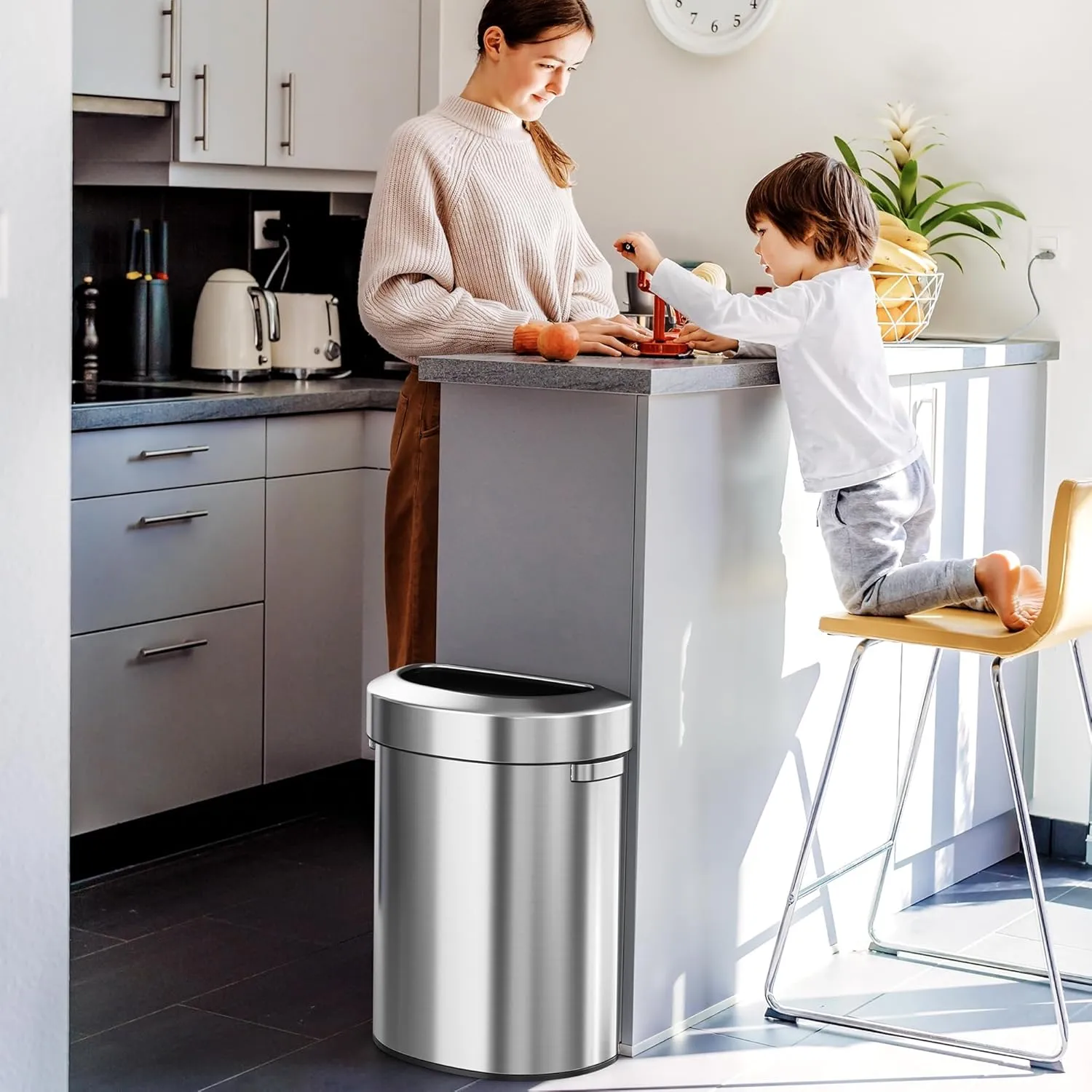 iTouchless 18 Gallon Semi-Round Stainless Steel Open Top Trash Can and Recycle Bin, 68 Liter, Slim and Space-Saving Design for Home, Office, Kitchen, Restaurant, Restroom, Large Capacity