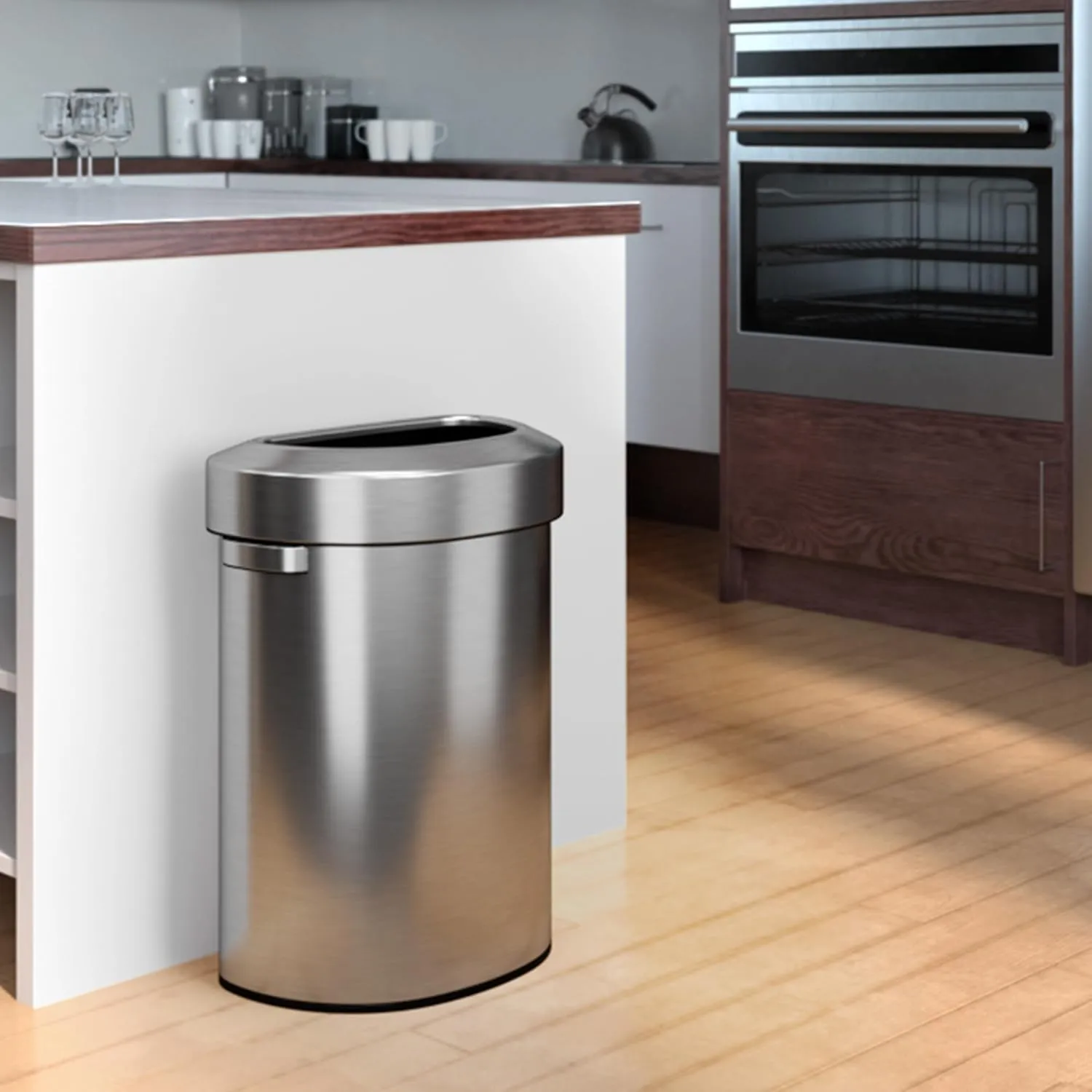 iTouchless 18 Gallon Semi-Round Stainless Steel Open Top Trash Can and Recycle Bin, 68 Liter, Slim and Space-Saving Design for Home, Office, Kitchen, Restaurant, Restroom, Large Capacity