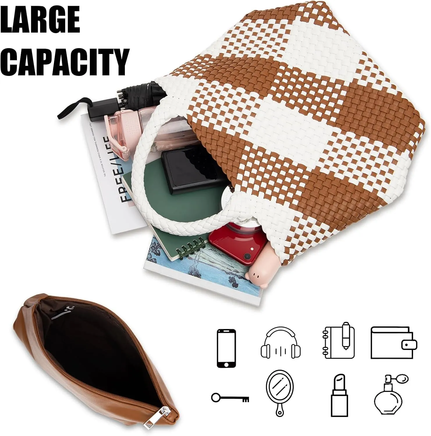 IwIeIaIrI Woven Tote Bag for Women Vegan Leather Hand-Woven Tote Handbag