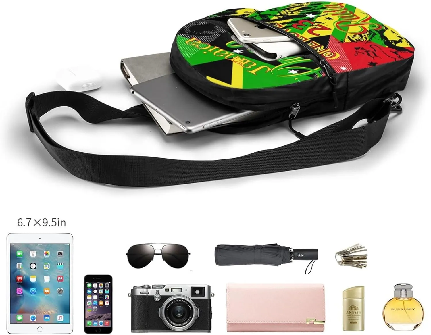 Jamaican Rasta One Loves Party Portable Sling Bags Packable Crossbody Bag Foldable Sport Daypack Reusable Shoulder Backpack Diagonally Chest Bag for Workout Travel