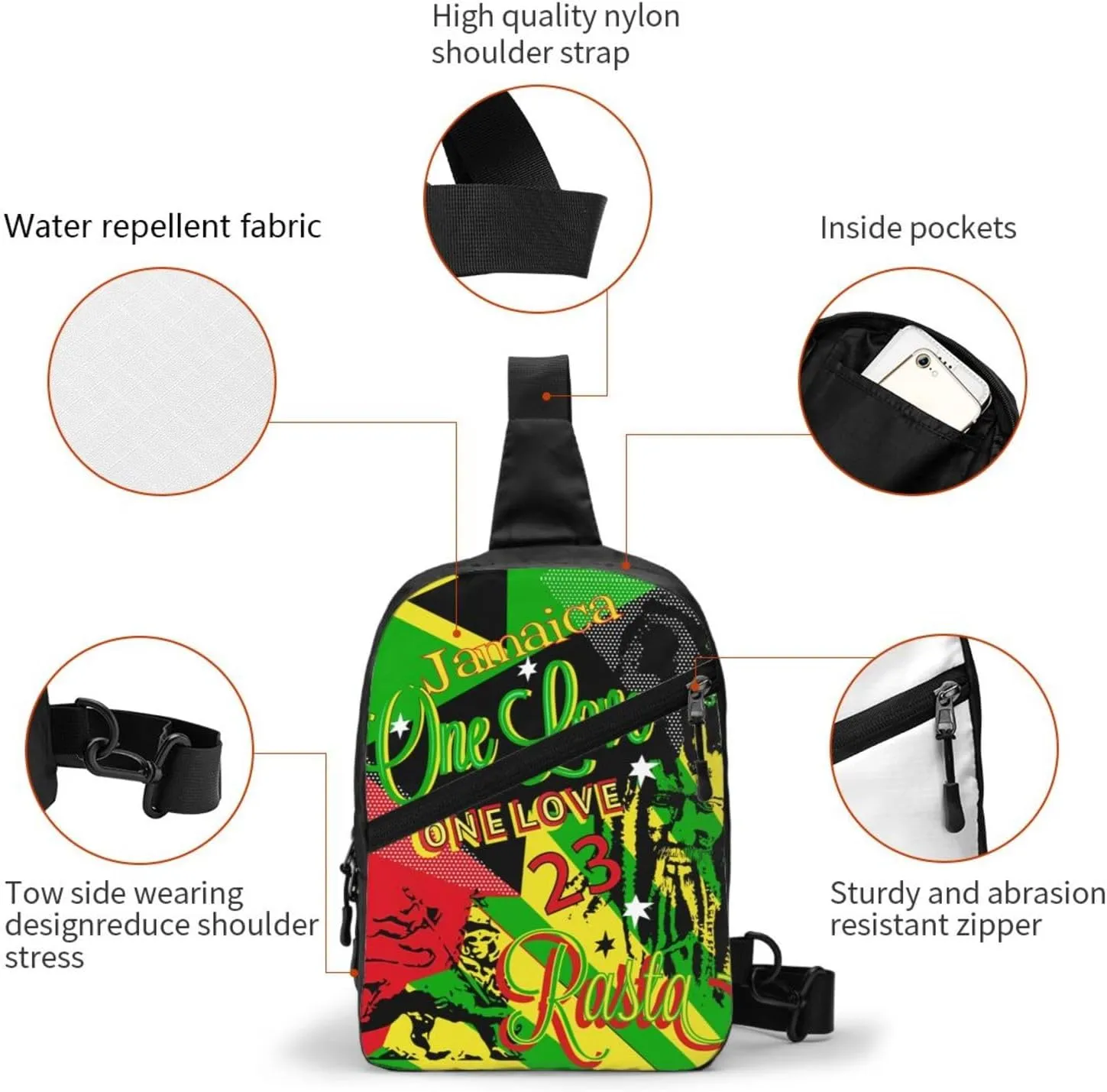 Jamaican Rasta One Loves Party Portable Sling Bags Packable Crossbody Bag Foldable Sport Daypack Reusable Shoulder Backpack Diagonally Chest Bag for Workout Travel