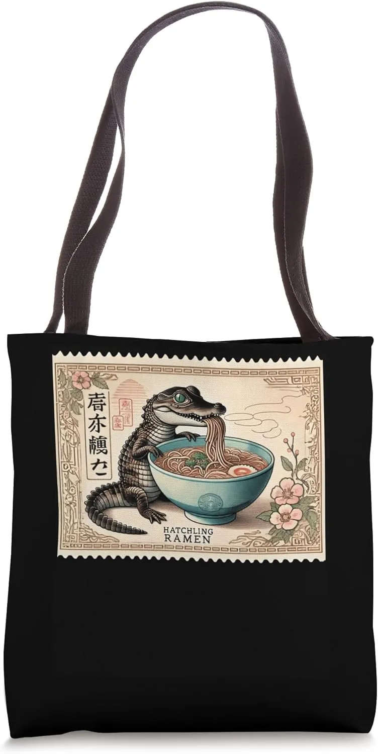 Japanese Art Postage Stamp Hatchling Crocodile Ramen Tote Bag