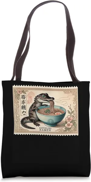 Japanese Art Postage Stamp Hatchling Crocodile Ramen Tote Bag