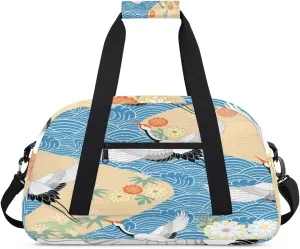 Japanese Crane Gym Duffel Bag for Men Women Waves Flower Sports Tote Bag with Adjustable Shoulder Strap for Dance Gymnastics Traveling Outdoor Camping Overnight Stay