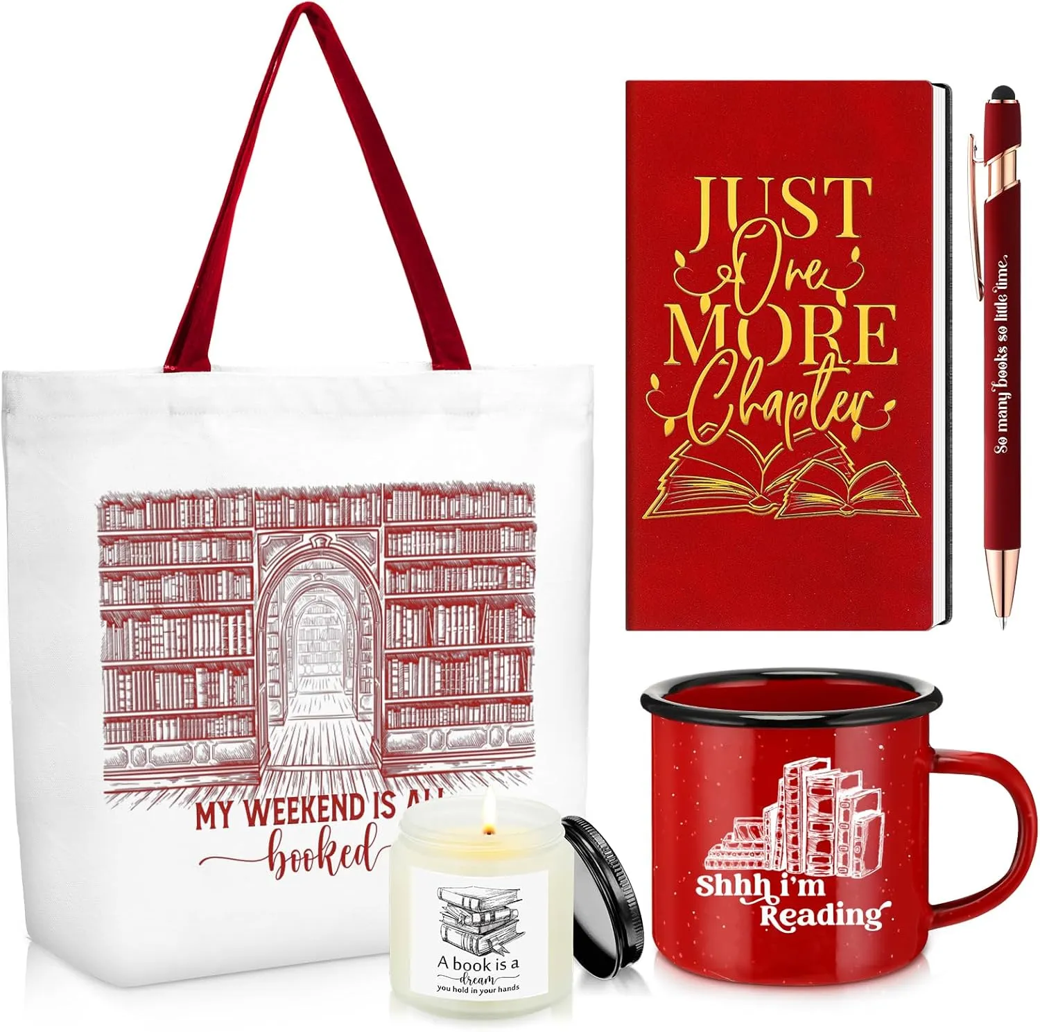 Jetec Set of 5 Book Lovers Gifts for Reader Include Canvas Tote Bag Journal Notebook with Ballpoint Pen Enamel Mug Scented Candle 2025 Graduation Gifts for Teacher Librarian Bookish Author(Red)