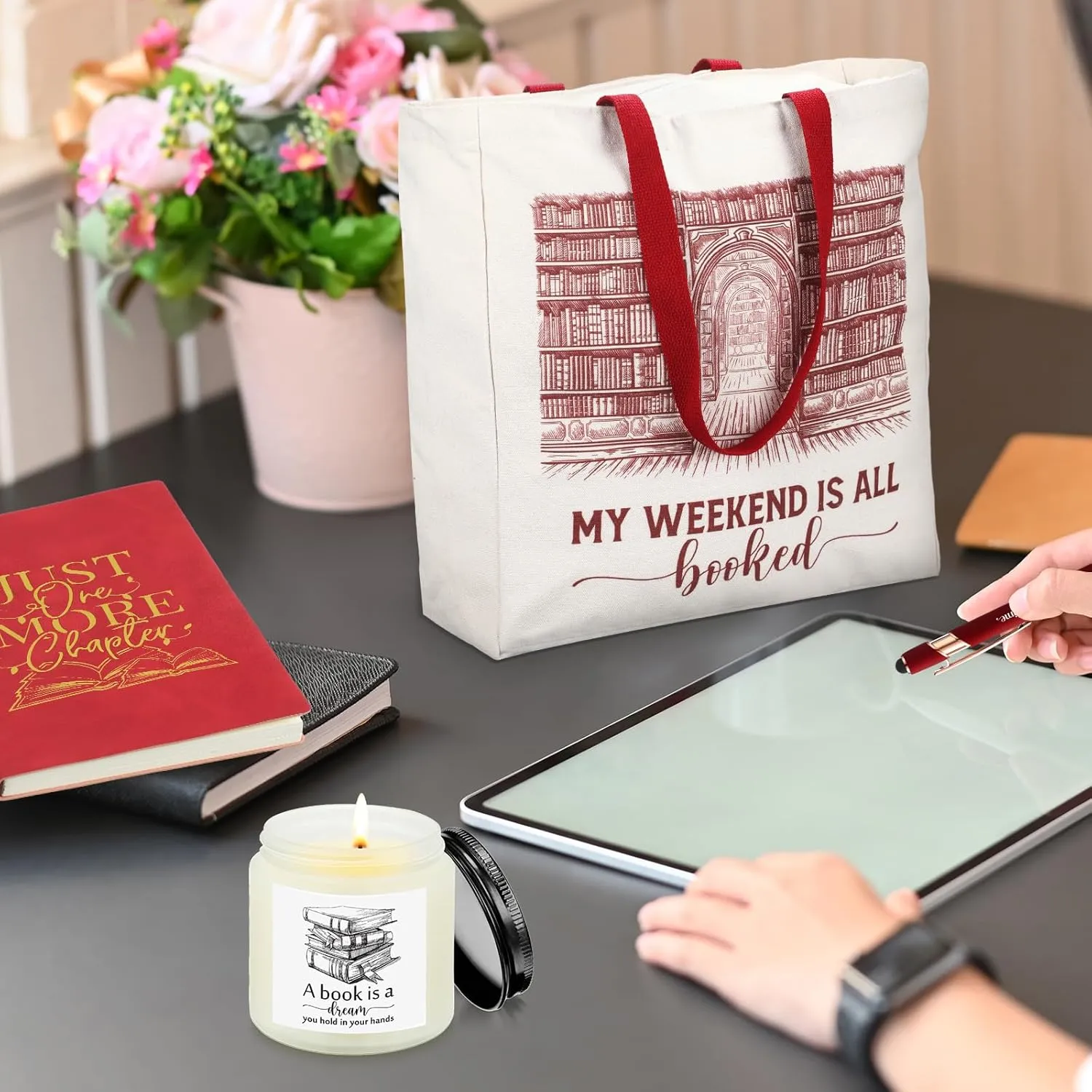Jetec Set of 5 Book Lovers Gifts for Reader Include Canvas Tote Bag Journal Notebook with Ballpoint Pen Enamel Mug Scented Candle 2025 Graduation Gifts for Teacher Librarian Bookish Author(Red)