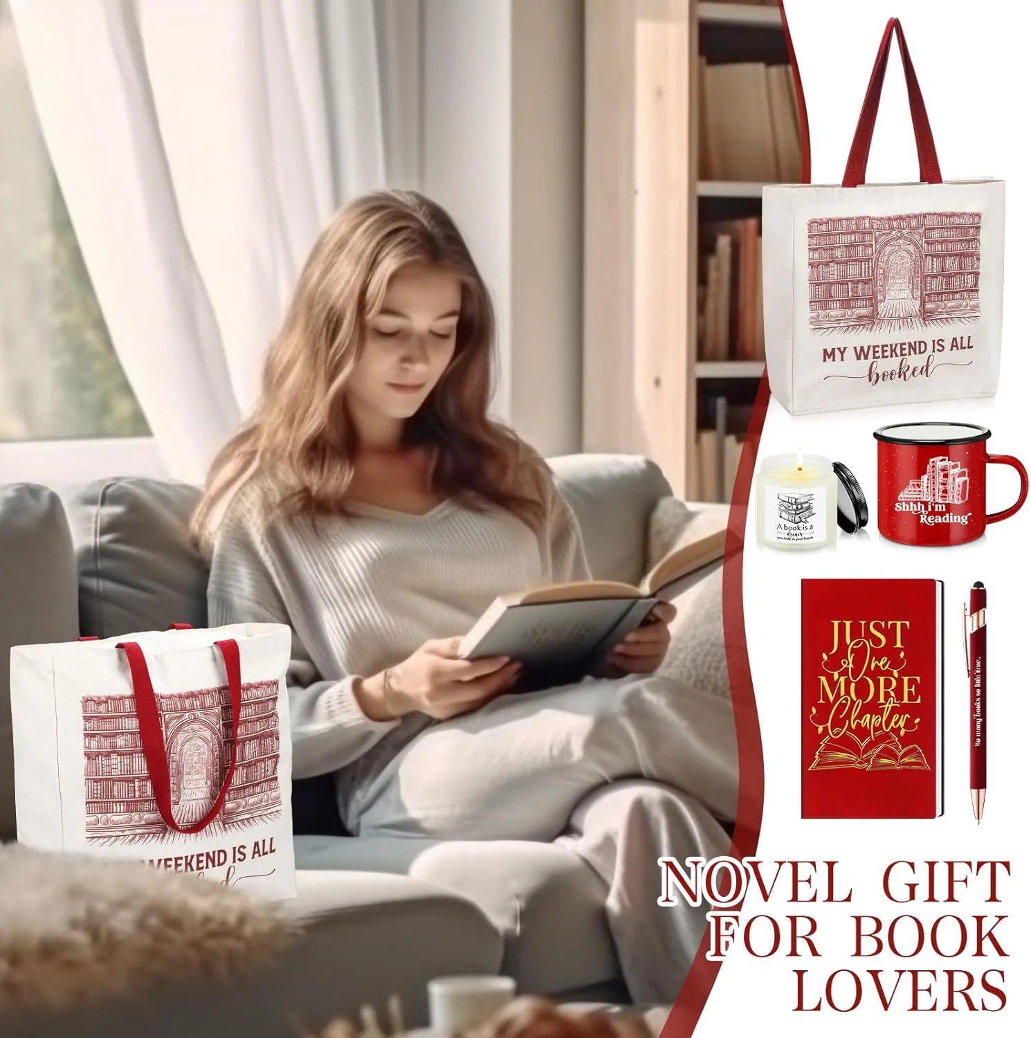 Jetec Set of 5 Book Lovers Gifts for Reader Include Canvas Tote Bag Journal Notebook with Ballpoint Pen Enamel Mug Scented Candle 2025 Graduation Gifts for Teacher Librarian Bookish Author(Red)