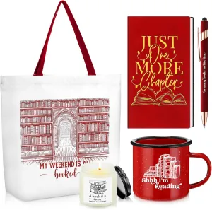 Jetec Set of 5 Book Lovers Gifts for Reader Include Canvas Tote Bag Journal Notebook with Ballpoint Pen Enamel Mug Scented Candle 2025 Graduation Gifts for Teacher Librarian Bookish Author(Red)