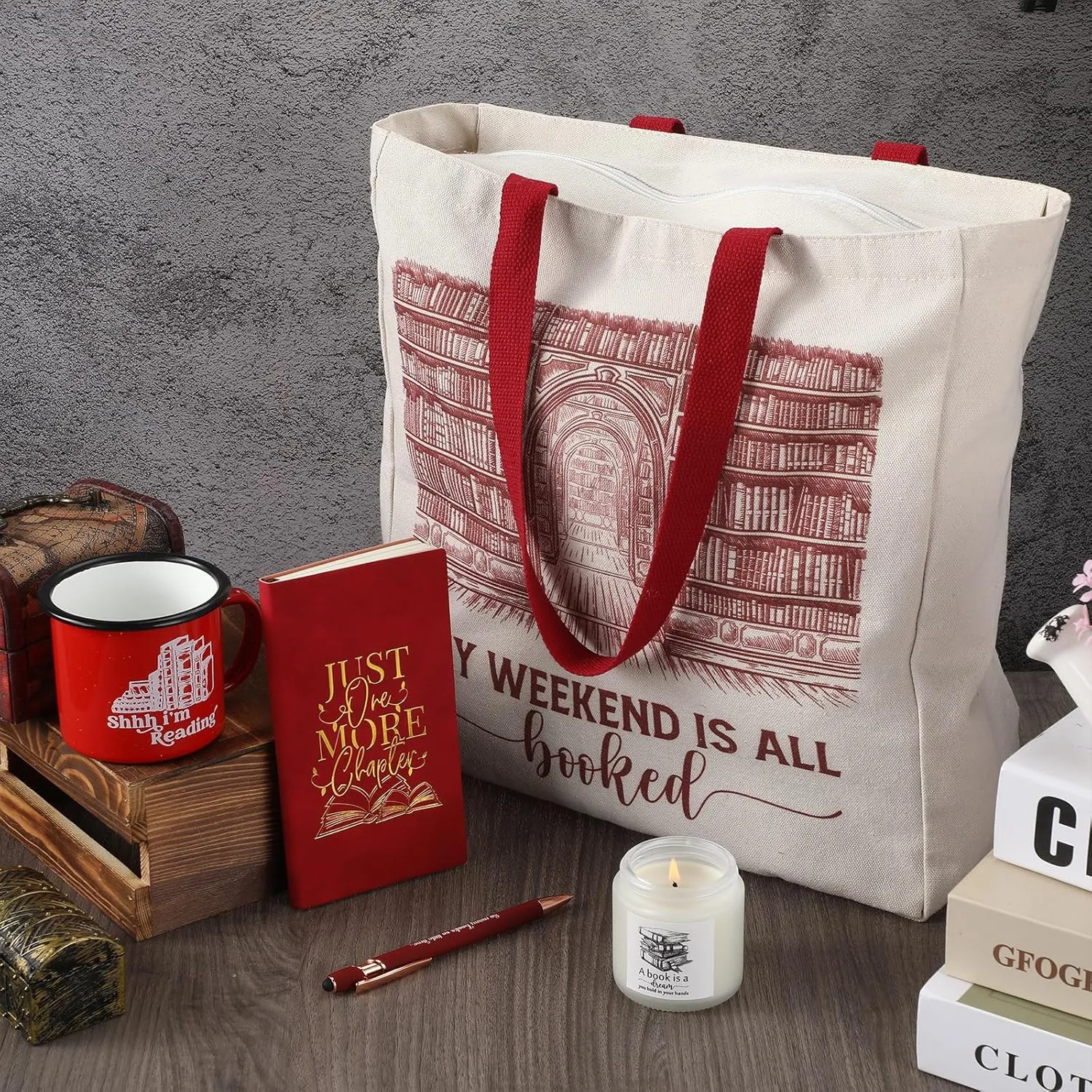 Jetec Set of 5 Book Lovers Gifts for Reader Include Canvas Tote Bag Journal Notebook with Ballpoint Pen Enamel Mug Scented Candle 2025 Graduation Gifts for Teacher Librarian Bookish Author(Red)