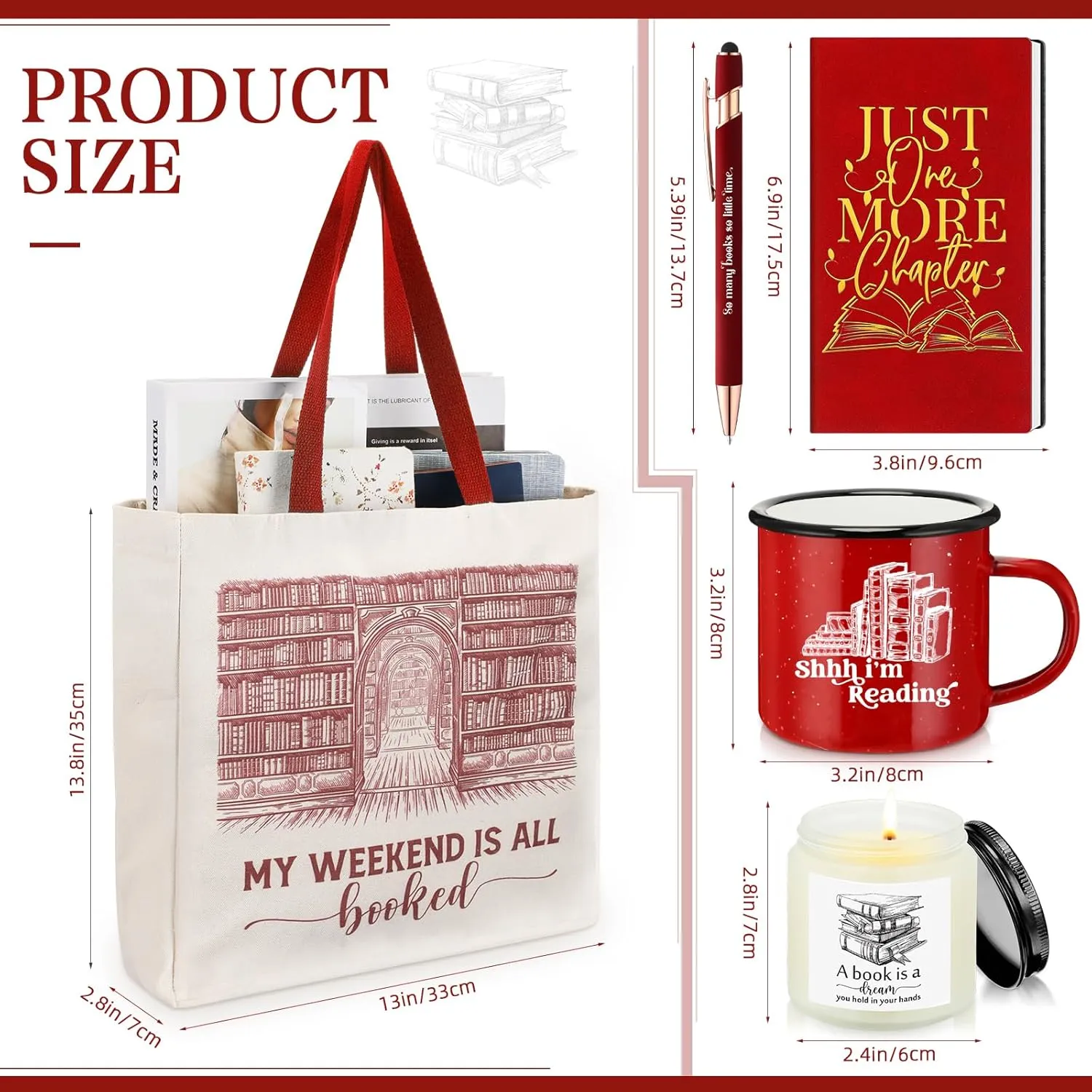 Jetec Set of 5 Book Lovers Gifts for Reader Include Canvas Tote Bag Journal Notebook with Ballpoint Pen Enamel Mug Scented Candle 2025 Graduation Gifts for Teacher Librarian Bookish Author(Red)