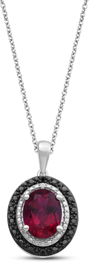 Jewelili Sterling Silver Oval Shape Halo Pendant Necklace for Women | 7X5 MM Created Ruby & Natural White & Treated Black Round Diamonds | 18" Rolo Chain | Luxury Jewelry Gift for Her | Gift Box Included