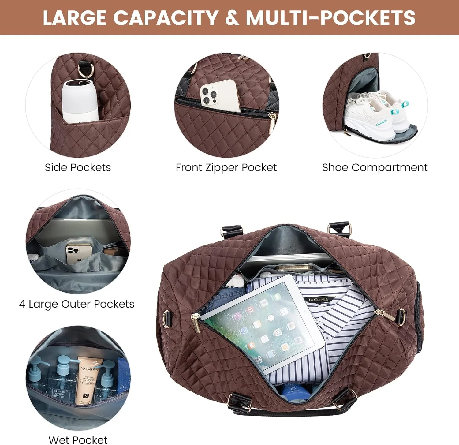 JFFD Travel Duffle, Weekender Bag for Women, Carry On Overnight with Shoe Compartment, Gym Duffel with Wet Pocket, Mommy Hospital Bag for Labor and Delivery