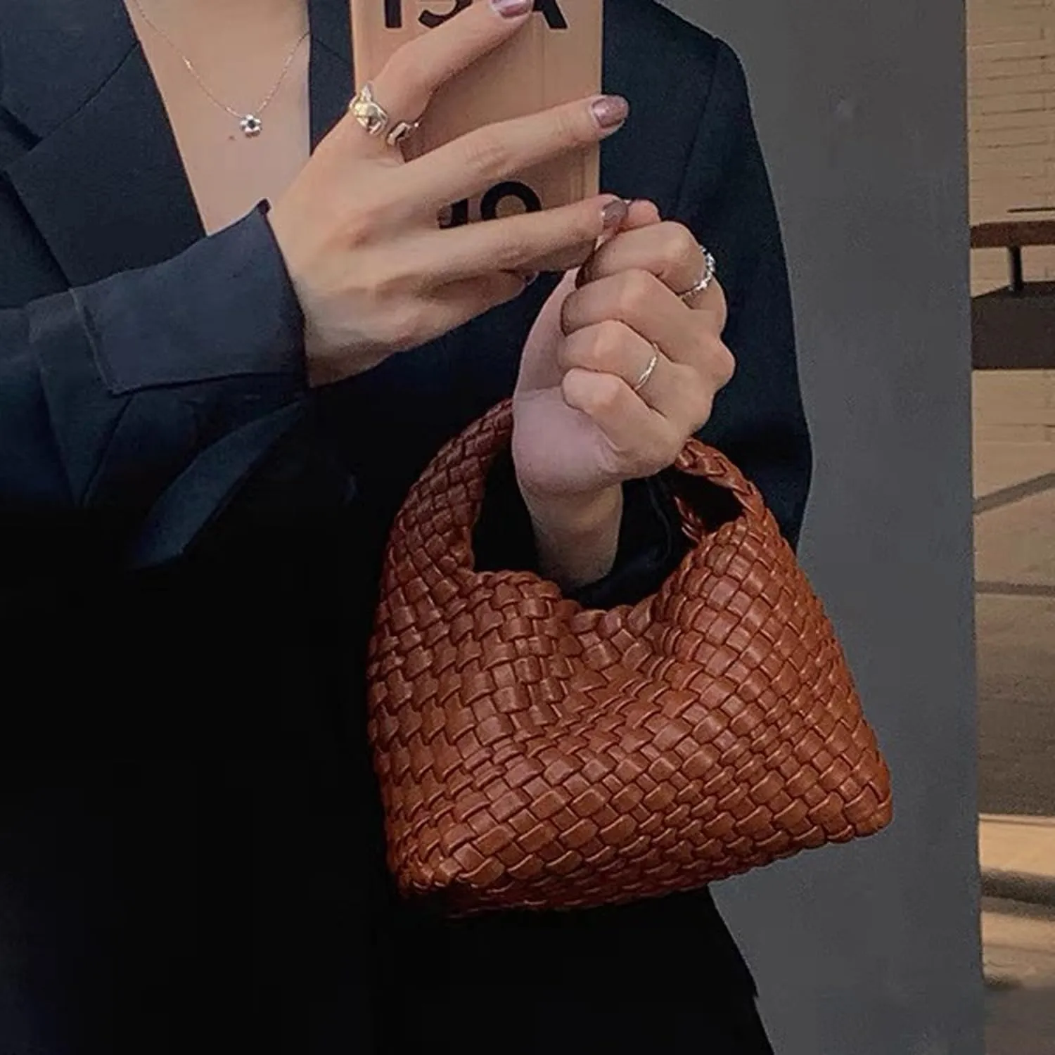 JINMANXUE Fashion Handbag for Women, Woven Tote Bucket Composite Bag, Knitting Chain Crossbody Shoulder Purse