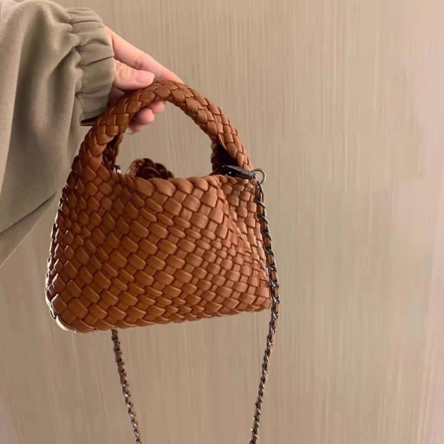 JINMANXUE Fashion Handbag for Women, Woven Tote Bucket Composite Bag, Knitting Chain Crossbody Shoulder Purse