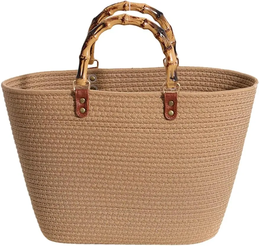 Juoxeepy Summer Beach Bag for Women Bamboo Handle Handbag Purse Soft Woven Tote Bag Handmade Beach Purse for Vacation