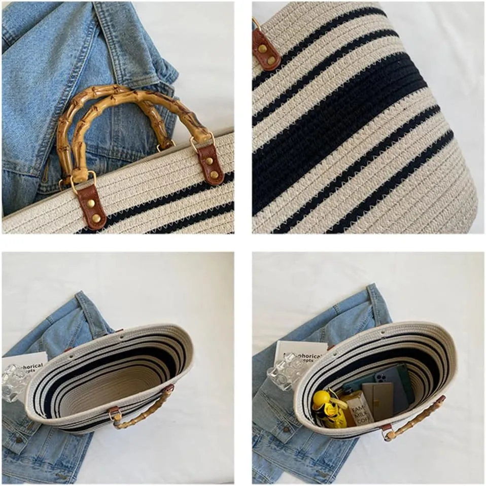 Juoxeepy Summer Beach Bag for Women Bamboo Handle Handbag Purse Soft Woven Tote Bag Handmade Beach Purse for Vacation