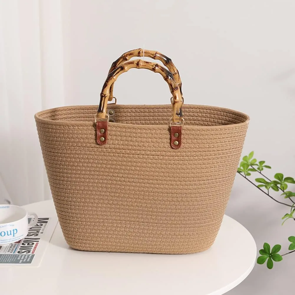 Juoxeepy Summer Beach Bag for Women Bamboo Handle Handbag Purse Soft Woven Tote Bag Handmade Beach Purse for Vacation
