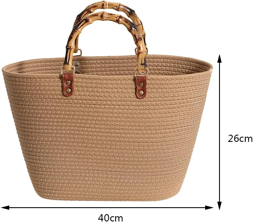 Juoxeepy Summer Beach Bag for Women Bamboo Handle Handbag Purse Soft Woven Tote Bag Handmade Beach Purse for Vacation