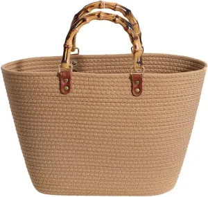 Juoxeepy Summer Beach Bag for Women Bamboo Handle Handbag Purse Soft Woven Tote Bag Handmade Beach Purse for Vacation