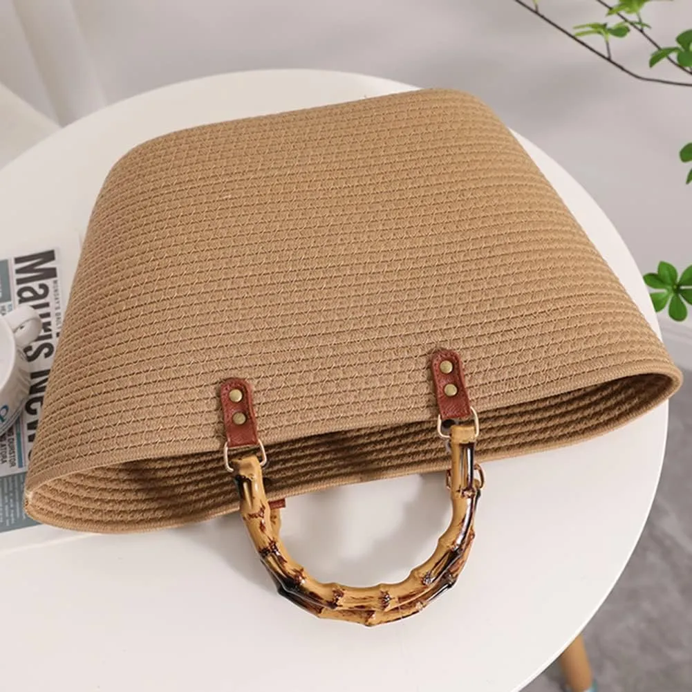 Juoxeepy Summer Beach Bag for Women Bamboo Handle Handbag Purse Soft Woven Tote Bag Handmade Beach Purse for Vacation