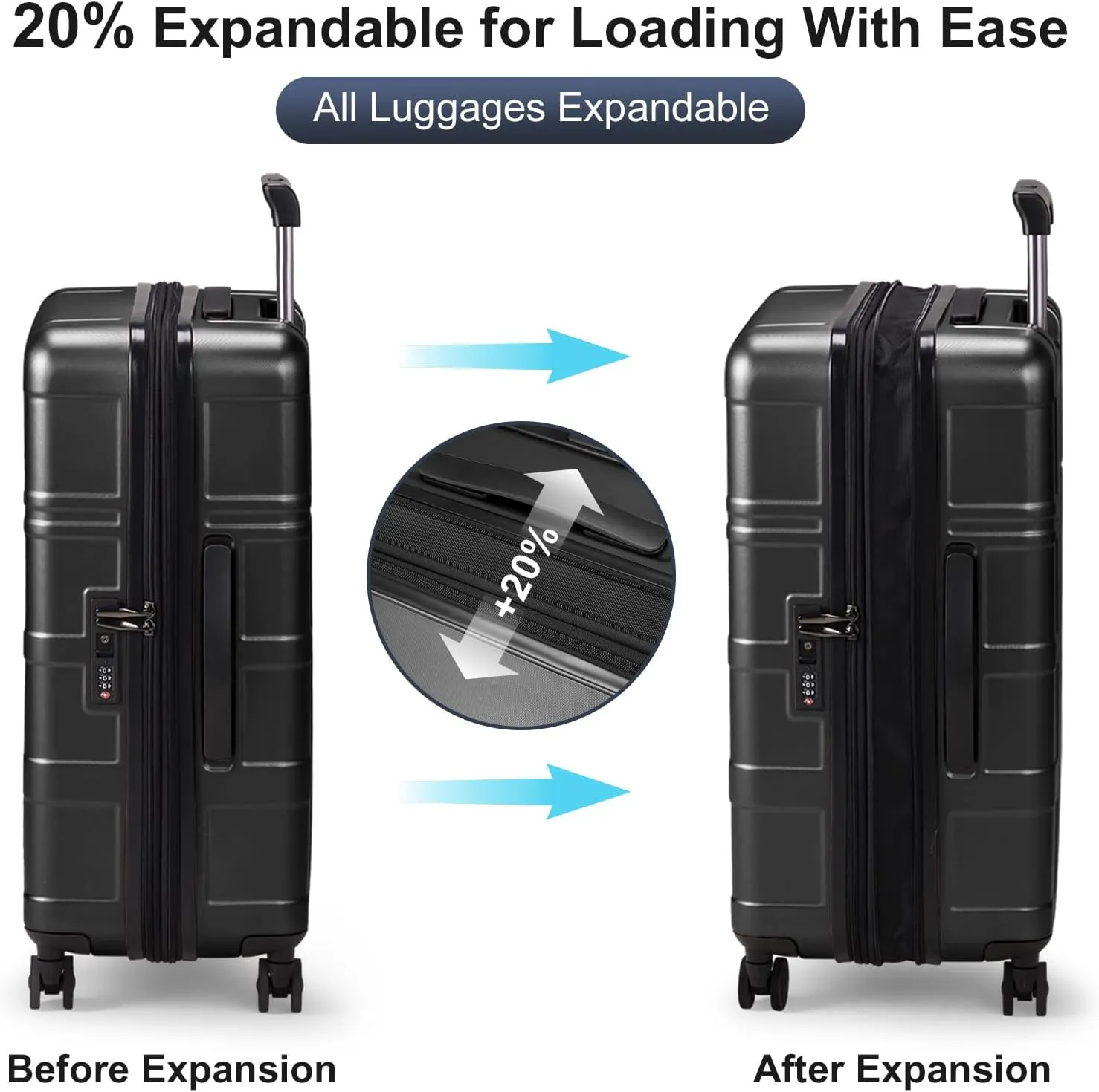 Karl home Luggage Expandable 3 Piece Set Suitcase PC ABS Hard-Sell with TSA Lock Spinner Wheels 20in 24in 28in Travel Rolling Carry on Woman/Men Black