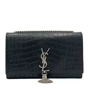 Kate Crossbody Bag Black in Crocodile Embossed Calfskin, Silver hardware