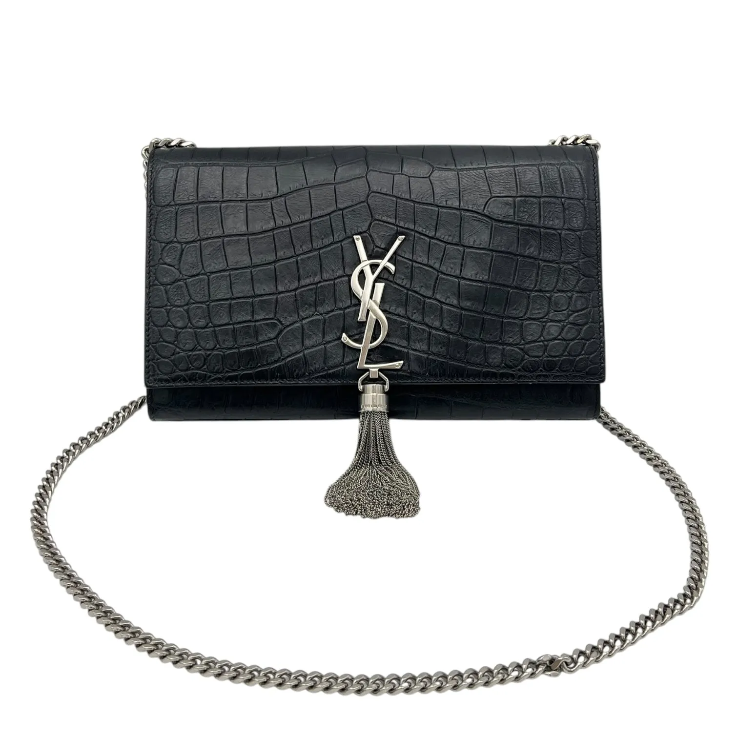 Kate Crossbody Bag Black in Crocodile Embossed Calfskin, Silver hardware
