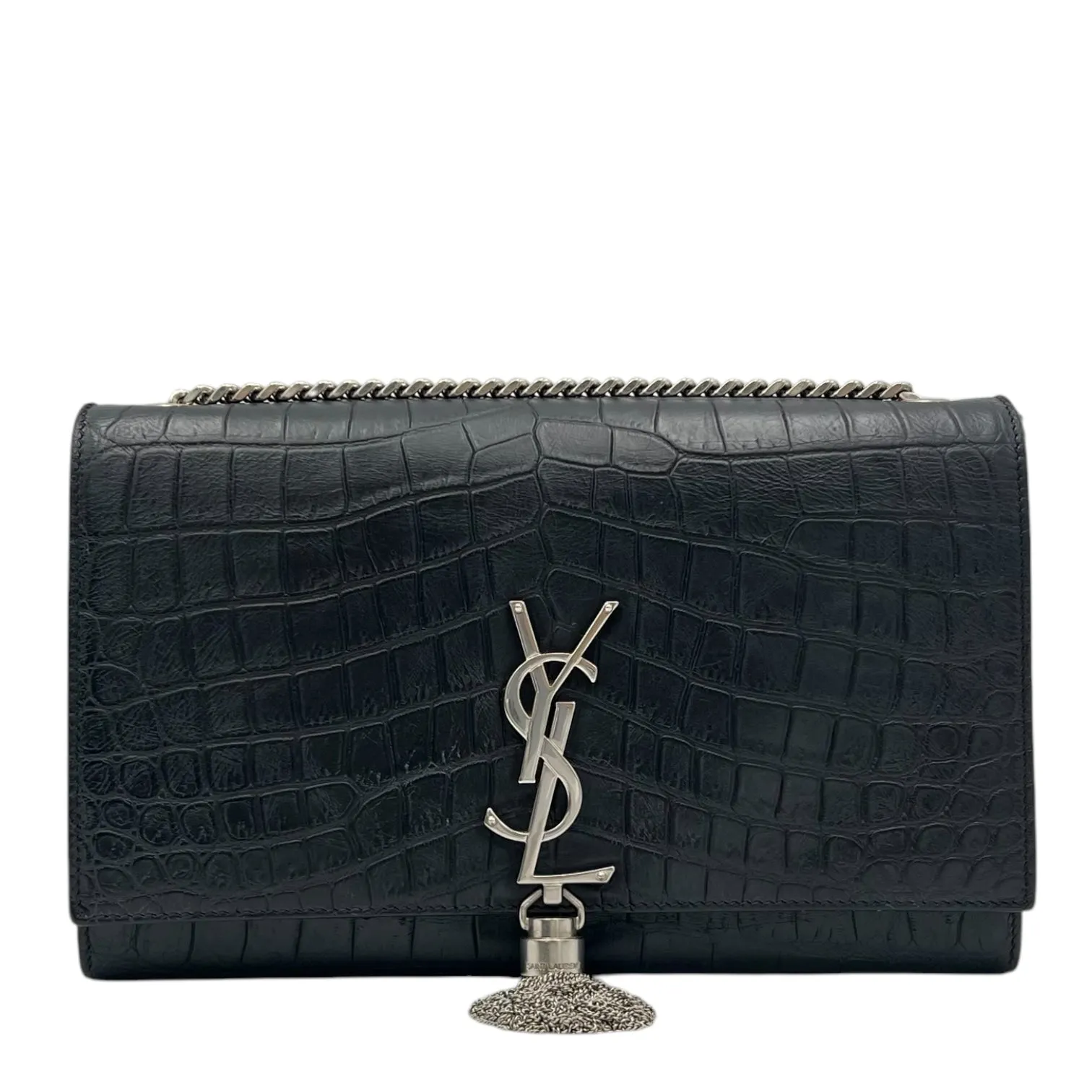 Kate Crossbody Bag Black in Crocodile Embossed Calfskin, Silver hardware
