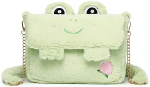 Kawaii Frog Crossbody Purse for Women, Novelty Cute Purse Fluffy Stuffed Animals Frog Purse Crossbody Messenger Bag for Women (Green)