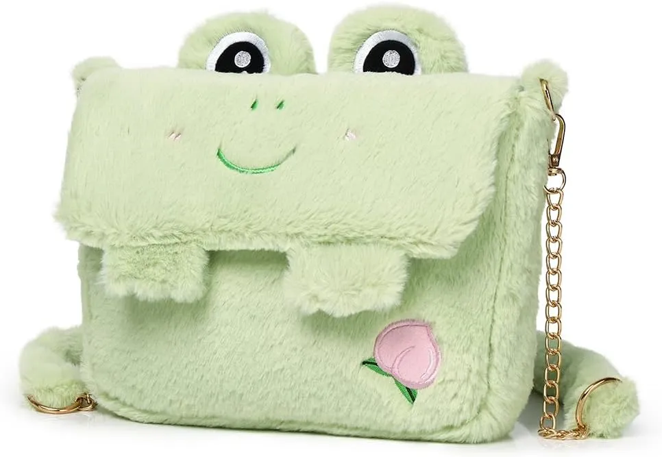 Kawaii Frog Crossbody Purse for Women, Novelty Cute Purse Fluffy Stuffed Animals Frog Purse Crossbody Messenger Bag for Women (Green)